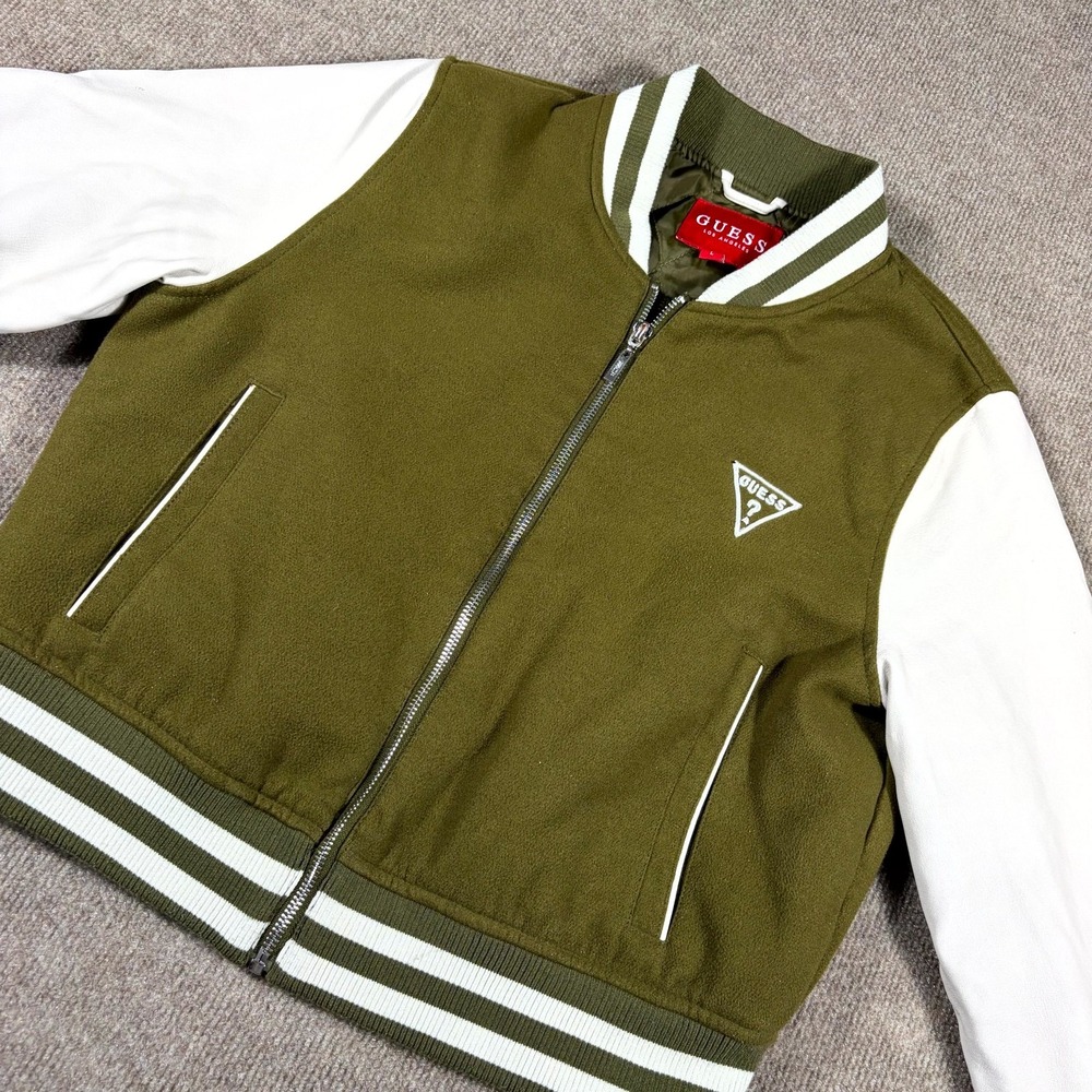 Guess Varsity Jacket Mens Large Olive Green Spellout Embroidered Long Sleeve